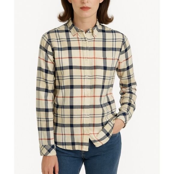 Barbour Summer Tartan Ivory Tan Red Black Hi-Lo LS Button Front Shirt Size 10 - Picture 1 of 13